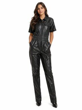 Women's Black Faux Leather Zip Front Jumpsuit, M